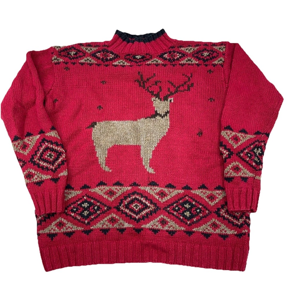 Vintage Eddie Bauer Sweater Women Small Red Heavy Hand Knit‎ Nordic Deer Y2K